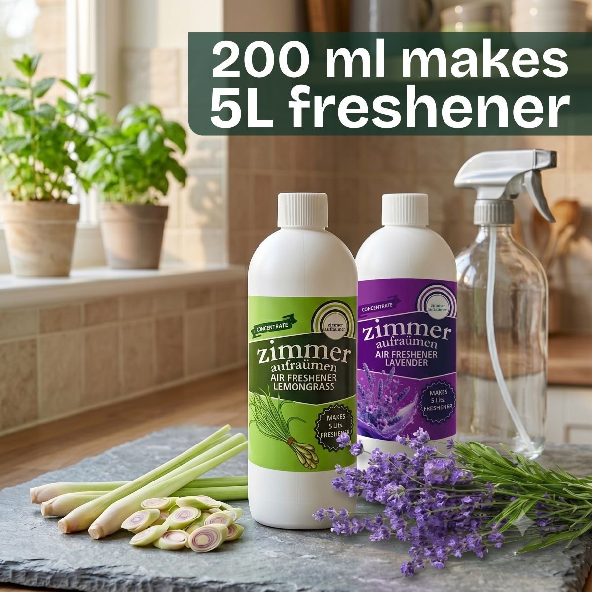 Small 200 ml Zimmer Aufraumen air freshener concentrate bottle next to the full 5 litre spray bottle it makes, with fresh lemongrass