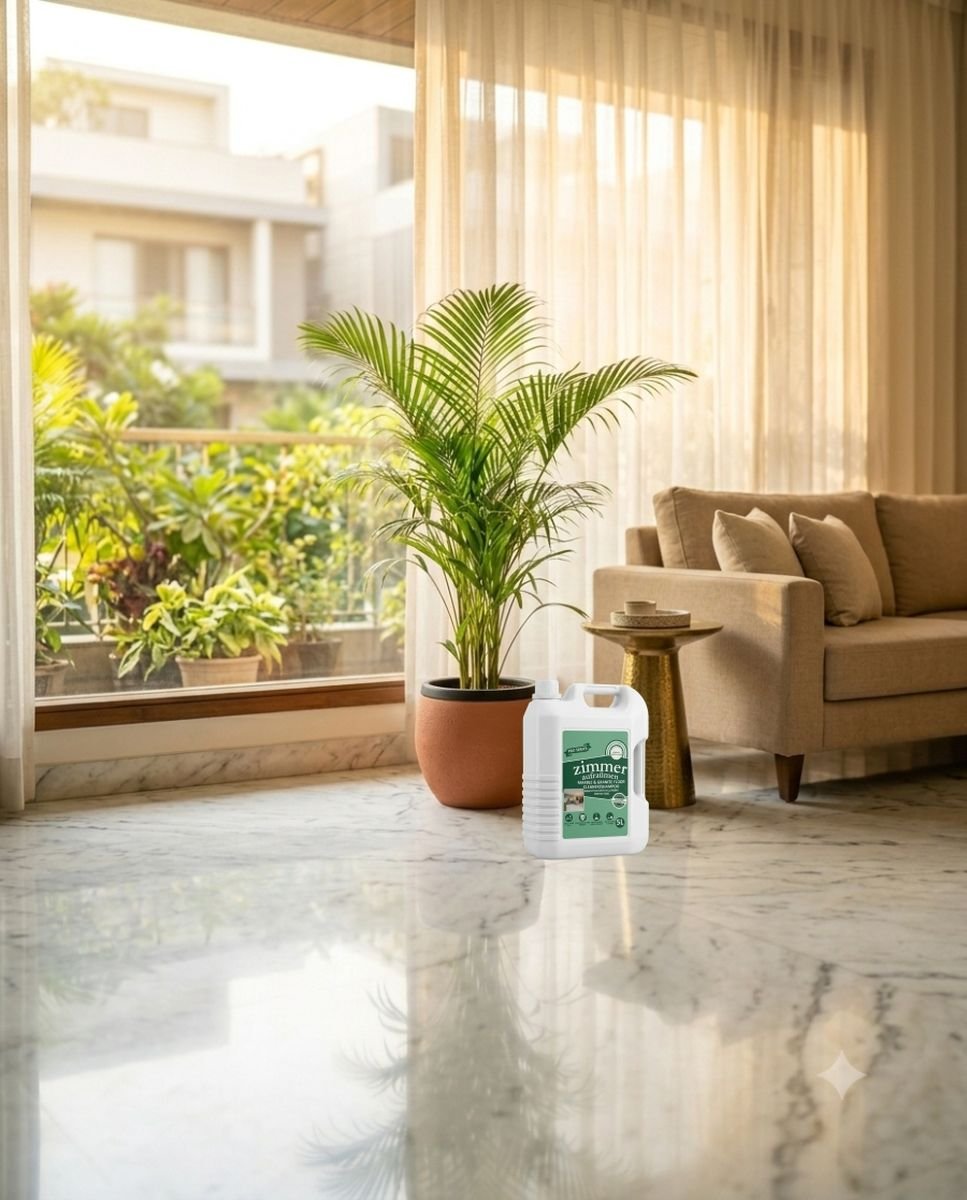 Modern Indian living room with polished white marble floor and Zimmer Aufräumen bottle in morning light